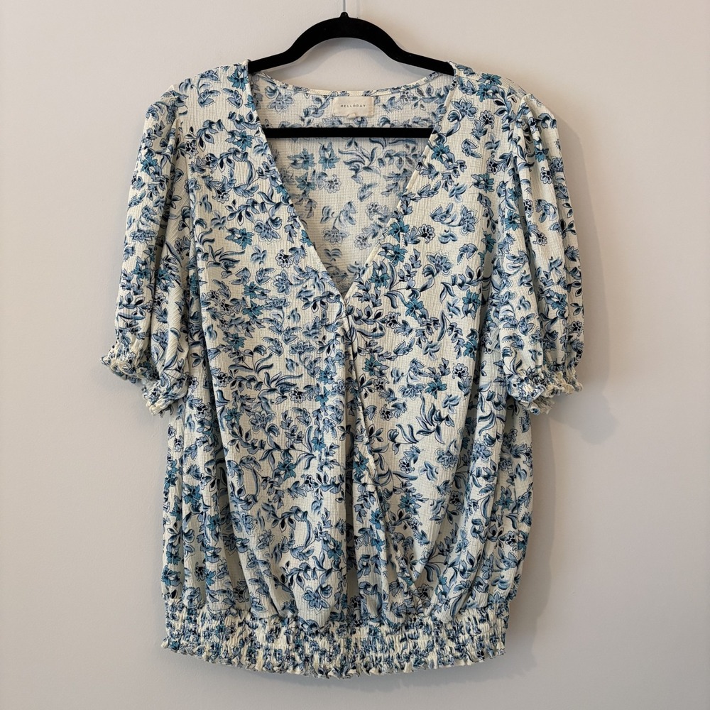 Melloday Puff Sleeve Cross Front Blouse Blue Floral 2X Boho Cottagecore Ruffles